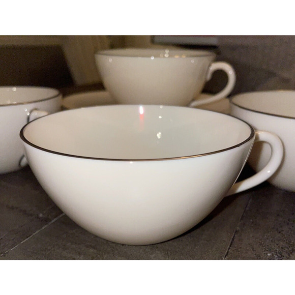 Olympia Platinum by Lenox Flat Cup & Saucer Set of 4 USA White w/ Silver Rim - Picture 3 of 10